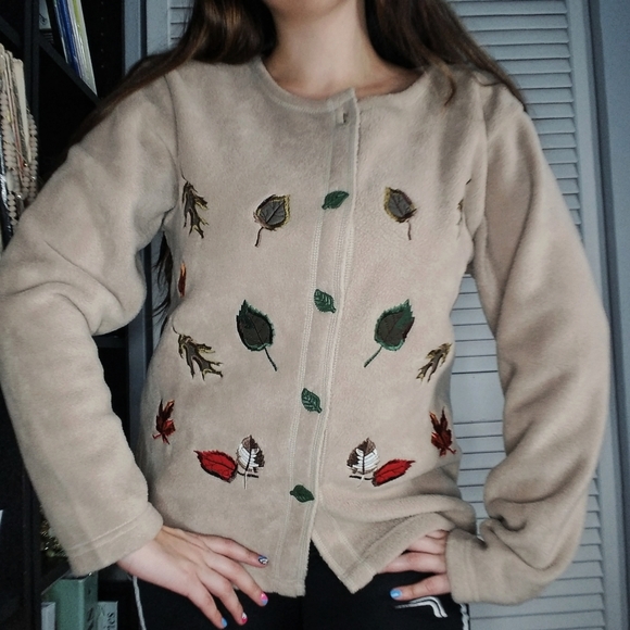 Fleece Autumn Ugly Sweater Medium Leaves Tan - Picture 1 of 4